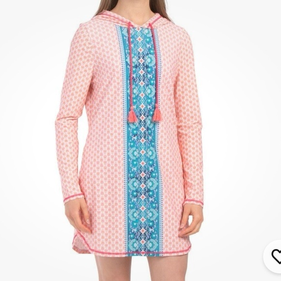 AQUA ET SOL Beach Coverup‎ Dress Blue Orange Print Hooded Hoodie UPF 50+ Sz S - Picture 1 of 6